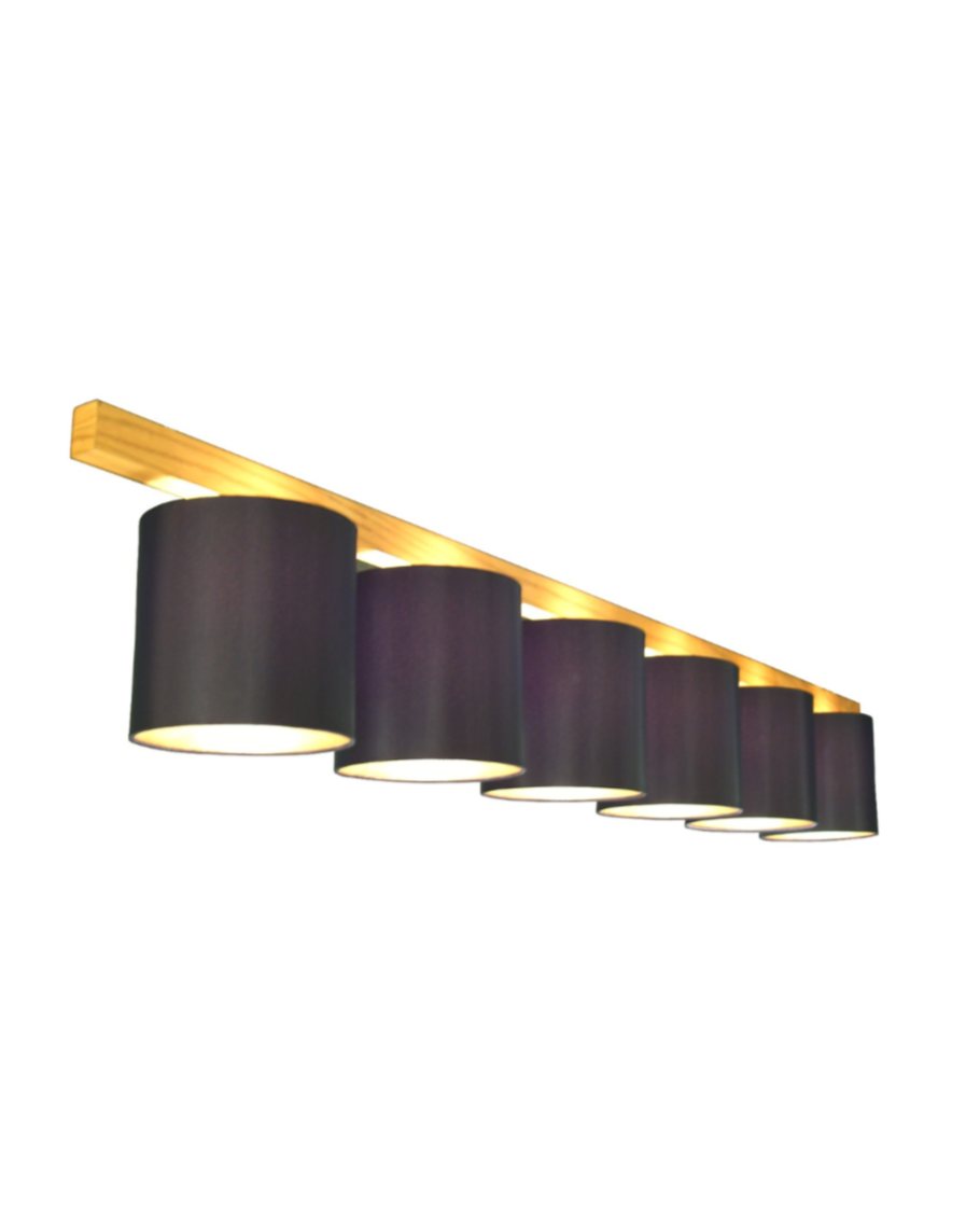 Modern ceiling light fixture with black lampshades and gold frame on a white background