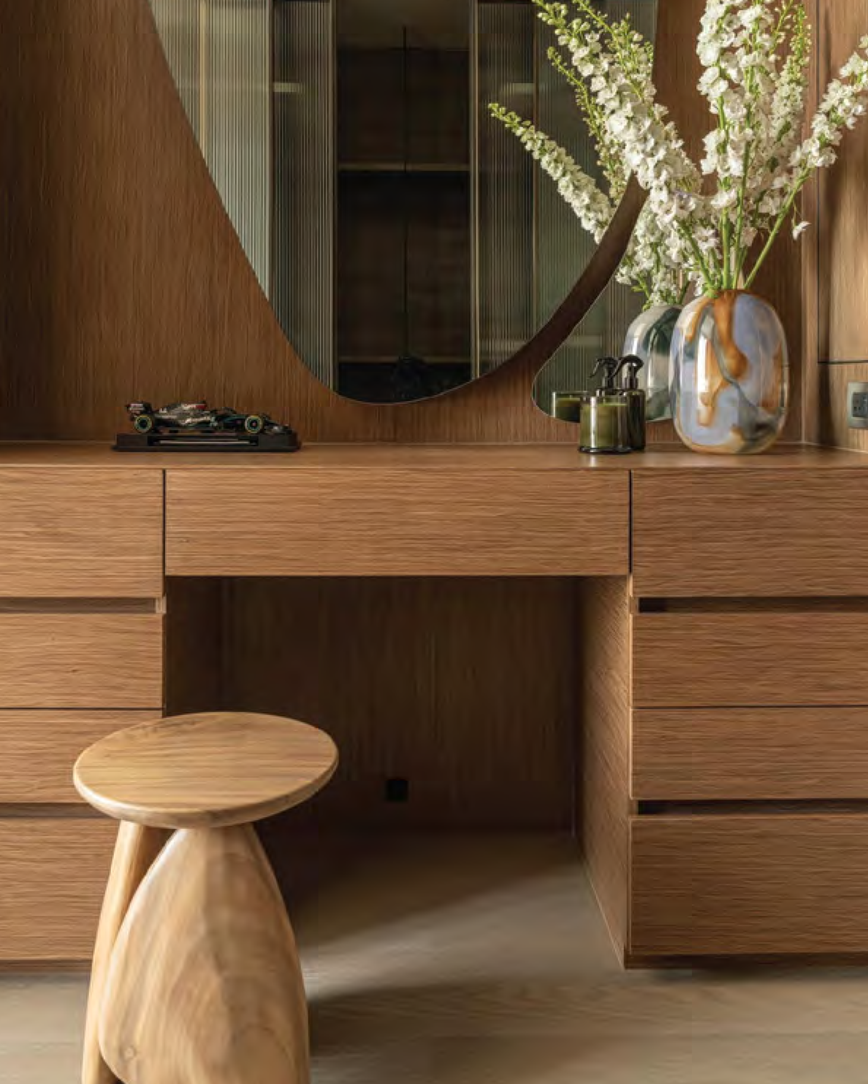 Wooden vanity with mirror and stool in a room labeled 'Customer House, Bangkok'.