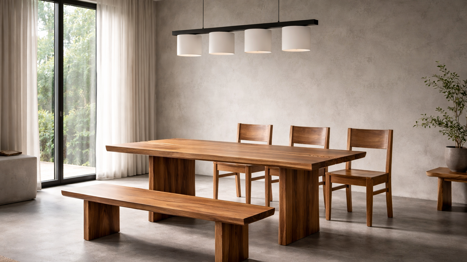 Dining area with wooden table and bench in a modern interior setting.